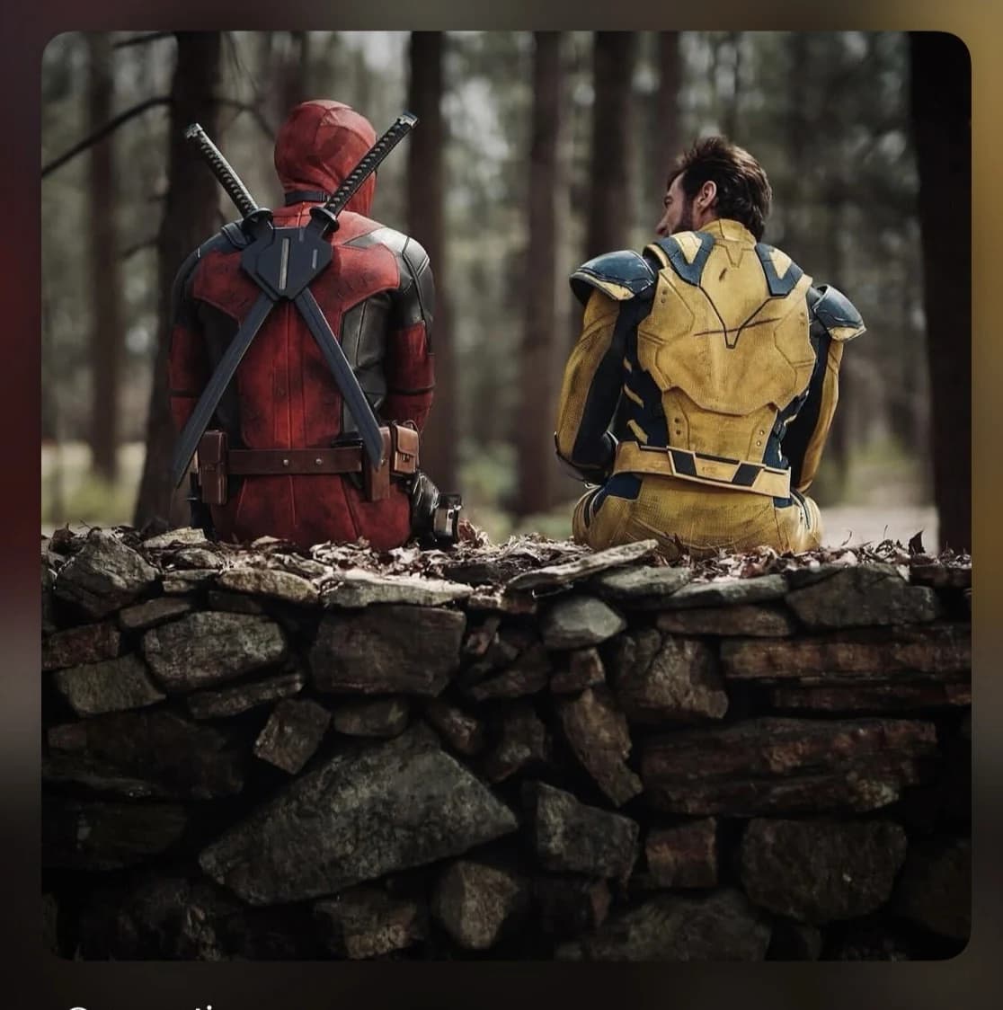 Deadpool and Wolverine sitting together in a forest